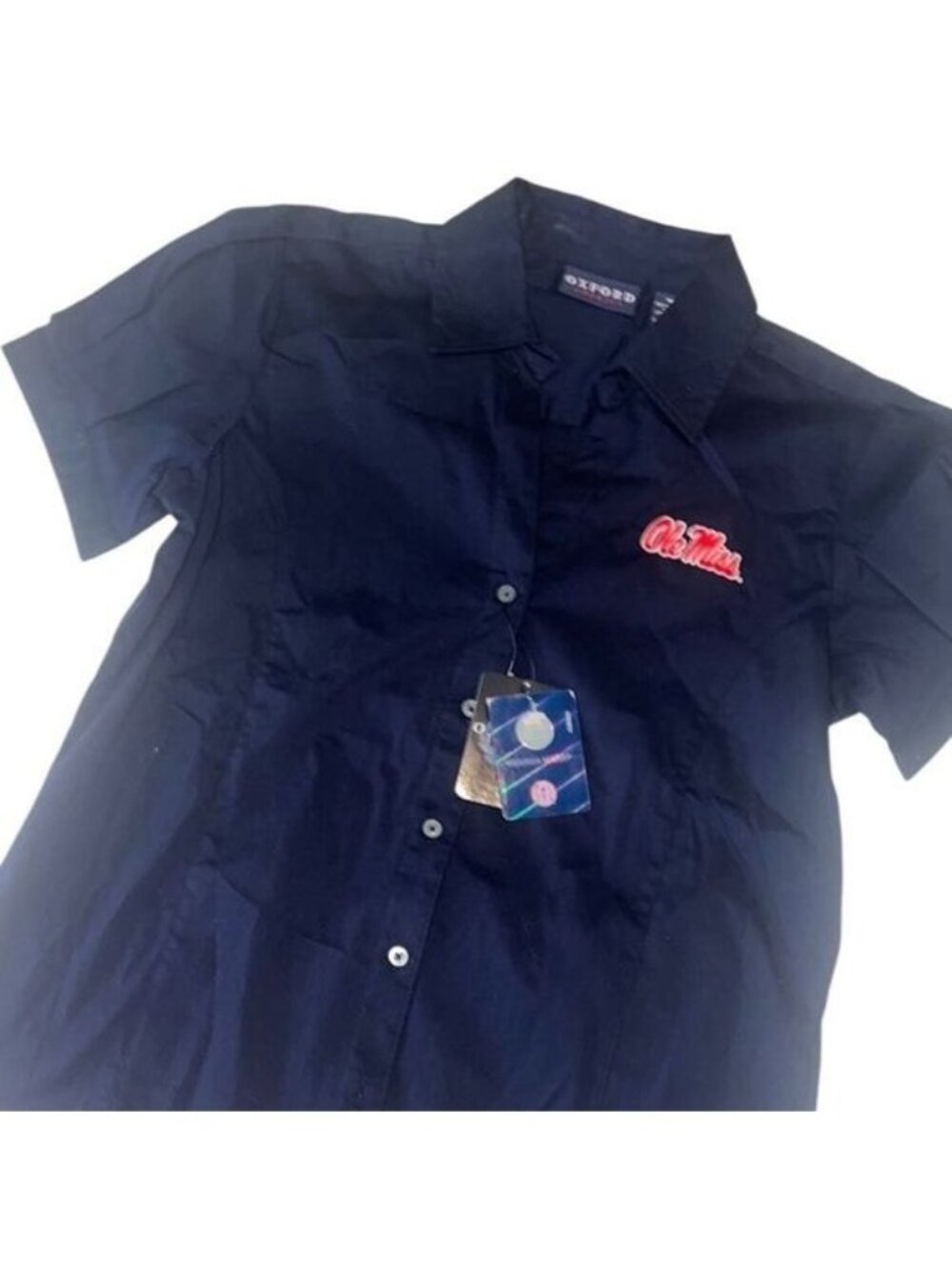 Ole Miss Navy Button Up Short Sleeves Cotton Blouse Women's Size Medium NWT
